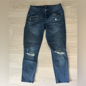 Bebe Blue Moto Skinny Ankle Jeans with Distressed Details